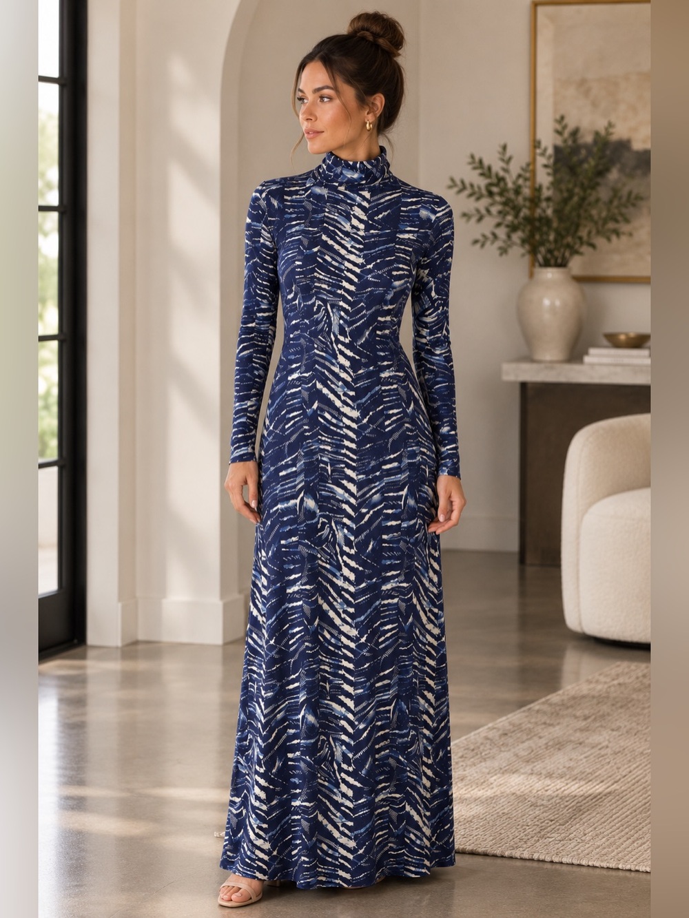 Marie Oliver Paxton Dress XS Blue Ivory Print Turtleneck Long Sleeve Maxi